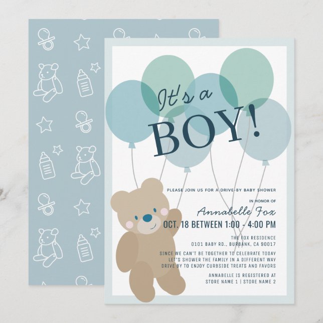 Teddy Bear Balloon Blue Boy Drive-by Baby Shower Invitation (Front/Back)