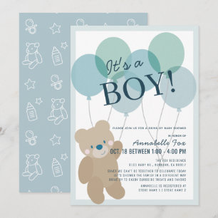 Teddy Bear Balloon Blue Boy Drive-by Baby Shower Invitation