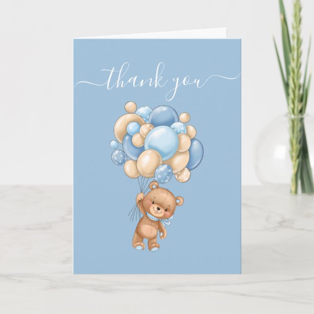 Teddy Bear Balloon Blue God Parents Thankful  Card (Front)