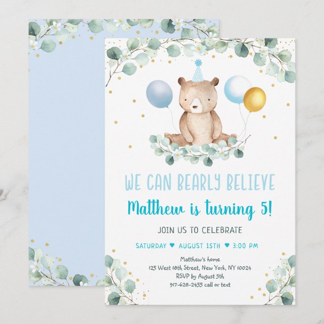 Teddy Bear Balloon Blue Gold Greenery Birthday Invitation (Front/Back)