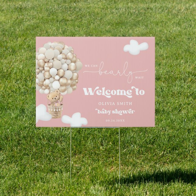 Teddy Bear Balloon Blush Pink Baby Shower Welcome Sign (Insitu)