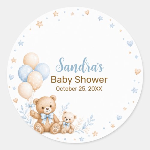 Teddy Bear Balloon Boy Baby Shower Classic Round Sticker