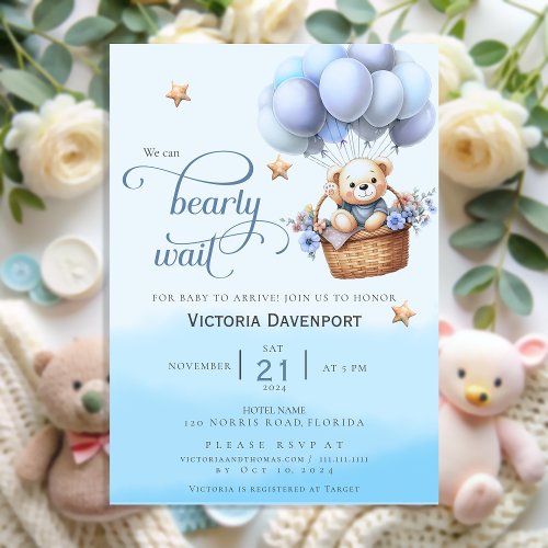 Teddy Bear Balloon Boy Baby Shower Invitation