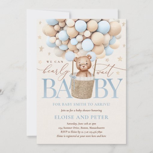 Teddy Bear Balloon Boy Bearly Wait Baby Shower Invitation | Zazzle