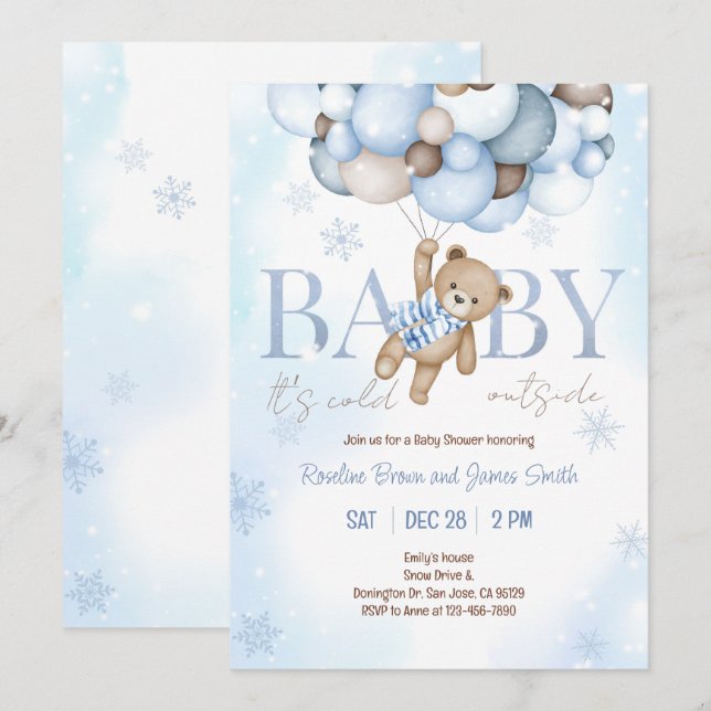 Teddy Bear Balloon Boy Bearly Wait Baby Shower Invitation (Front/Back)
