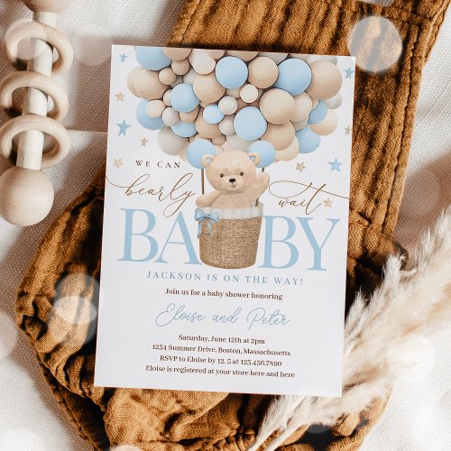 Teddy Bear Balloon Boy Bearly Wait Baby Shower Invitation