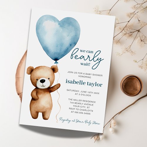 Teddy Bear Balloon Boy Bearly Wait Baby Shower Invitation