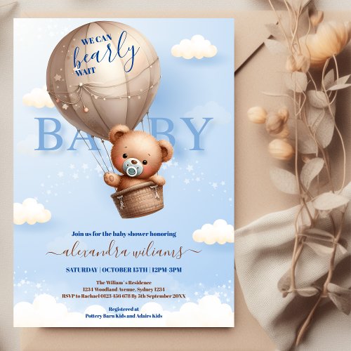 Teddy Bear Balloon Boy Bearly Wait Baby Shower Invitation