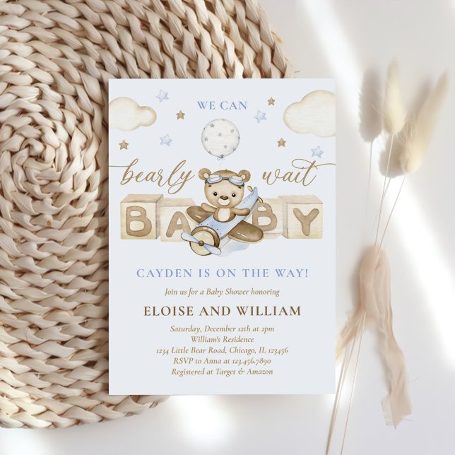 Teddy Bear Balloon Boy Bearly Wait Baby Shower Invitation (Creator Uploaded)