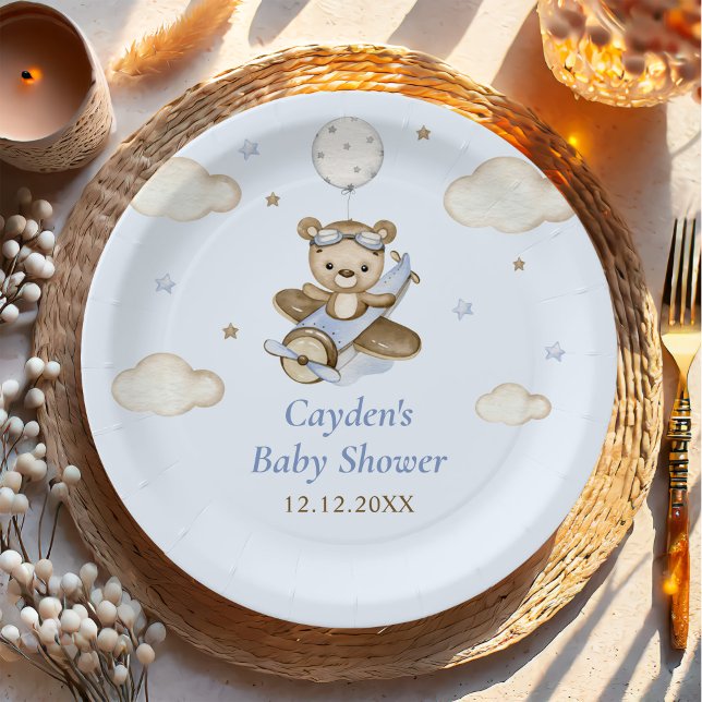 Teddy Bear Balloon Boy Bearly Wait Baby Shower Paper Plates (Creator Uploaded)