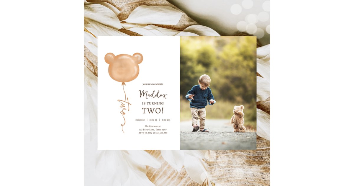 Teddy Bear Balloon Boy Second Birthday Party Invitation | Zazzle