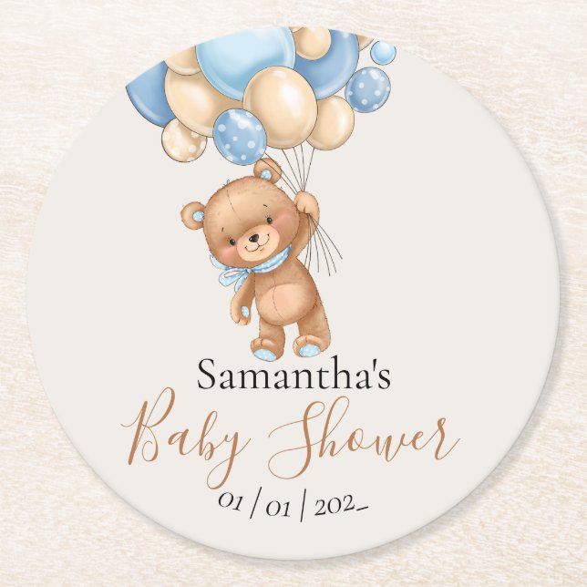 Teddy Bear Balloon Brown Blue Baby Shower Round Pa Round Paper Coaster (Front)