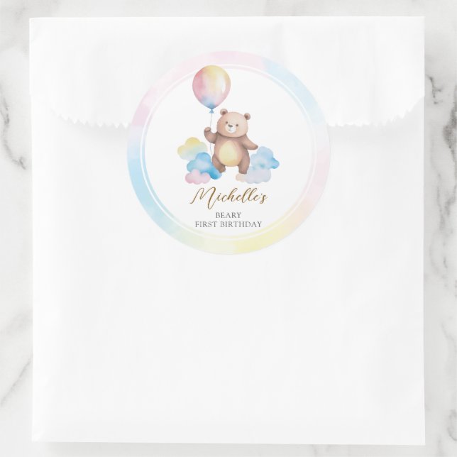 Teddy Bear Balloon Clouds Beary First Birthday Classic Round Sticker (Bag)