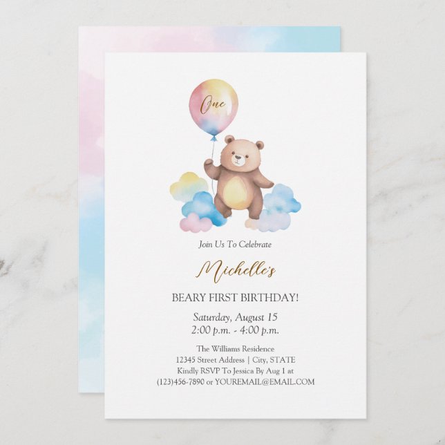 Teddy Bear Balloon Clouds Beary First Birthday Invitation (Front/Back)