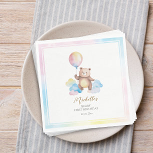 Teddy Bear Balloon Clouds Beary First Birthday Napkins