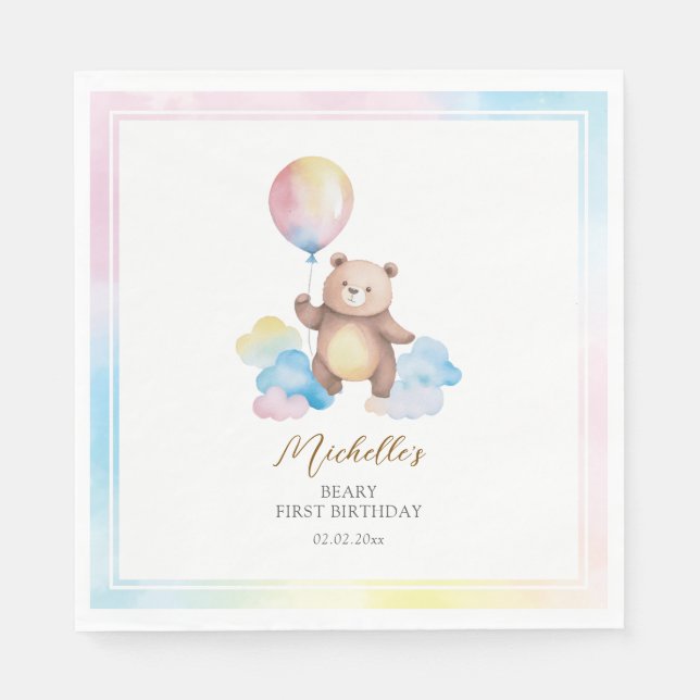 Teddy Bear Balloon Clouds Beary First Birthday Napkins (Front)