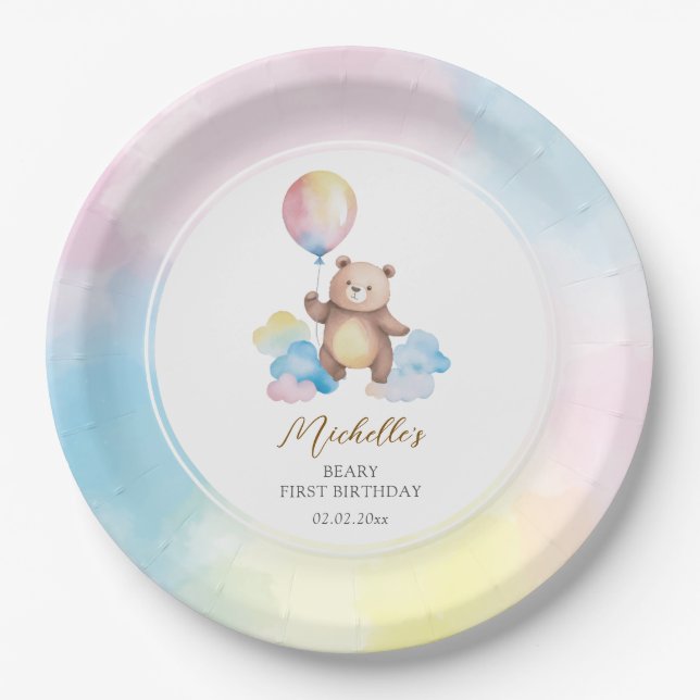 Teddy Bear Balloon Clouds Beary First Birthday Paper Plates (Front)