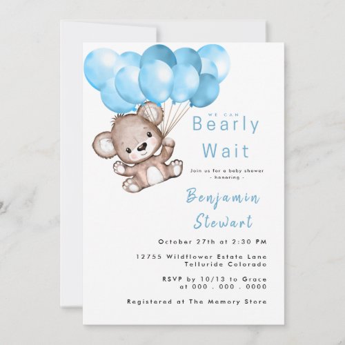 Teddy Bear Balloon Cute Boy Baby Shower Invitation
