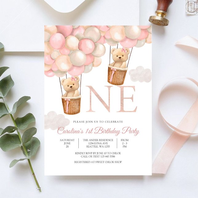 Teddy Bear Balloon First Birthday Invitation (Creator Uploaded)