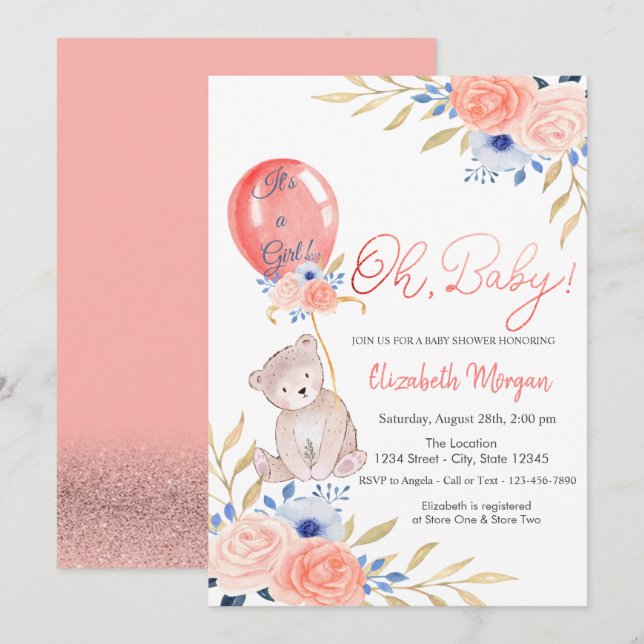 Teddy Bear Balloon Floral Baby Shower Invitation (Front/Back)