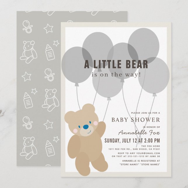 Teddy Bear Balloon Gender Neutral Baby Shower Invitation (Front/Back)