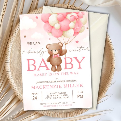 Teddy Bear Balloon Girl Baby Shower Invitation