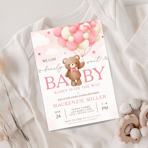 Teddy Bear Balloon Girl Baby Shower Invitation