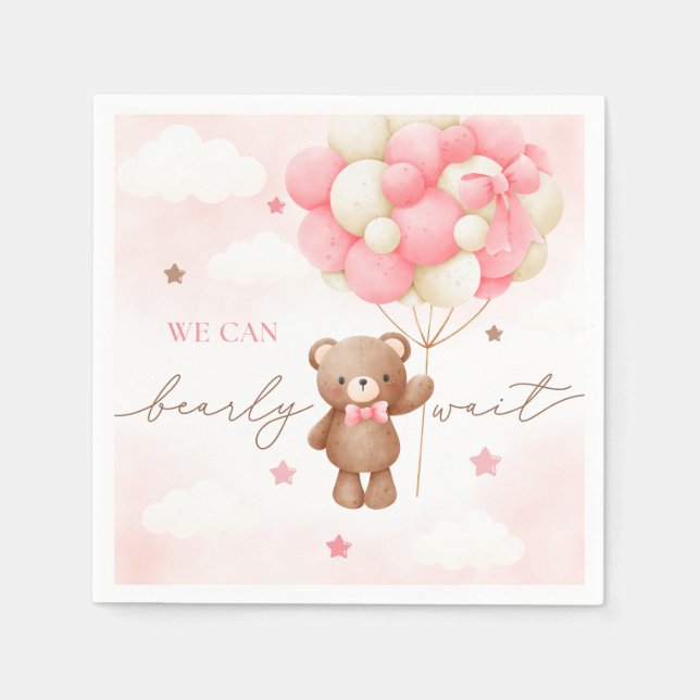 Teddy Bear Balloon Girl Baby Shower Napkins (Front)
