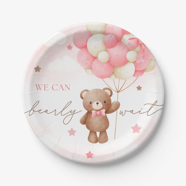 Teddy Bear Balloon Girl Baby Shower Paper Plates (Front)