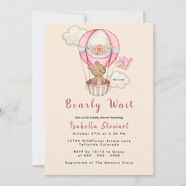 Teddy Bear Balloon Girl Bearly Wait Baby Shower Invitation (Front)