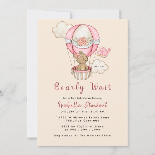 Teddy Bear Balloon Girl Bearly Wait Baby Shower Invitation