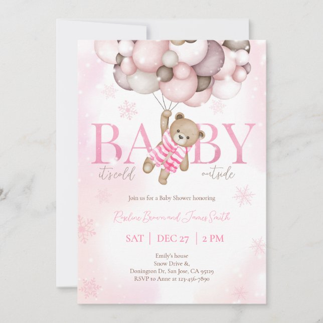 Teddy Bear Balloon Girl Bearly Wait Baby Shower Invitation (Front)