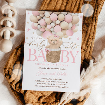 Teddy Bear Balloon Girl Bearly Wait Baby Shower Invitation by PixelPerfectionParty at Zazzle