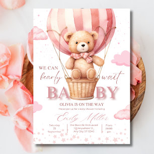 Teddy Bear Balloon Girl Bearly Wait Baby Shower Invitation