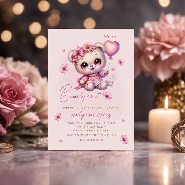 Teddy Bear Balloon Girl Bearly Wait Baby Shower  Invitation (Creator Uploaded)