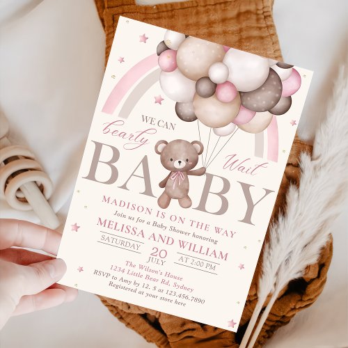 Teddy Bear Balloon Girl Bearly Wait Baby Shower Invitation