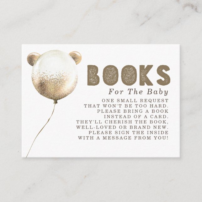 Teddy Bear Balloon Gold Brown Books Request Enclosure Card (Front)