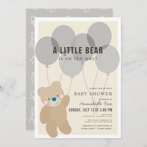 Teddy Bear Balloon Gray Gender Neutral Baby Shower Invitation