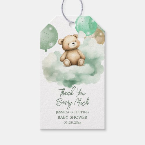 Teddy Bear Balloon Green Gold Baby Shower Gift Tags