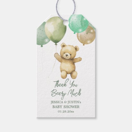 Teddy Bear Balloon Green Gold Baby Shower Gift Tags