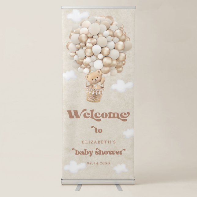Teddy Bear Balloon Neutral Baby Shower Welcome Retractable Banner (Front)