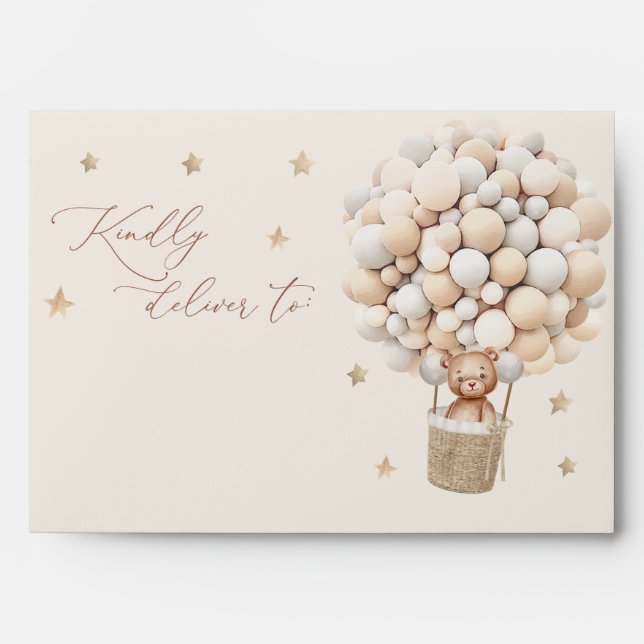 Teddy Bear Balloon Neutral Bearly Wait Baby Shower Envelope (Front)