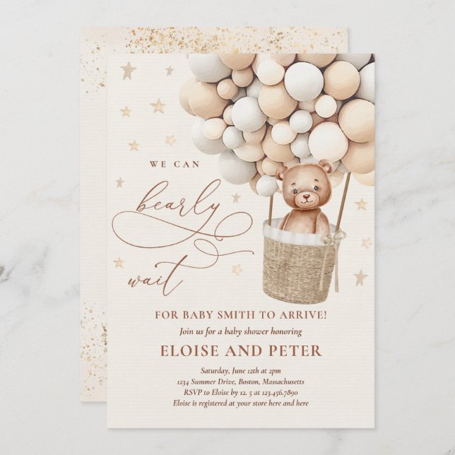 Teddy Bear Balloon Neutral Bearly Wait Baby Shower Invitation (Front/Back)