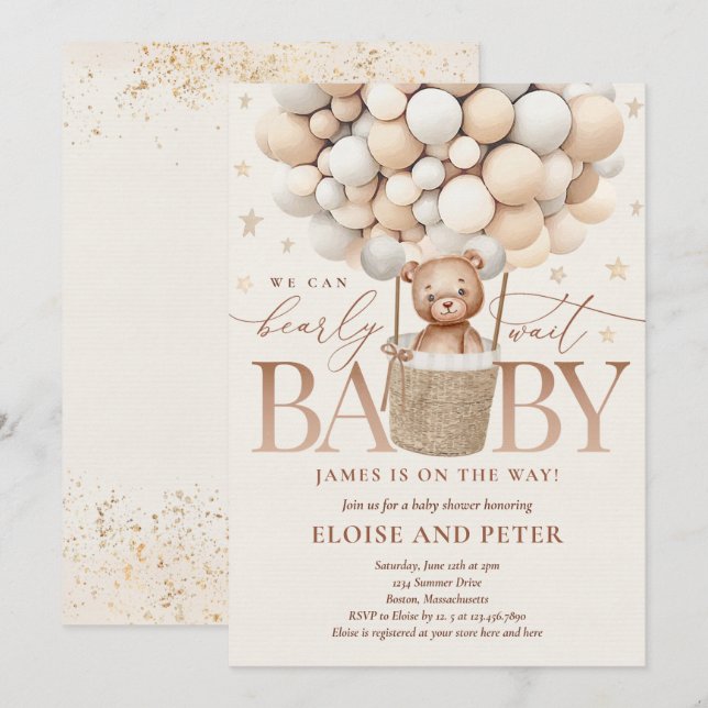 Teddy Bear Balloon Neutral Bearly Wait Baby Shower Invitation (Front/Back)