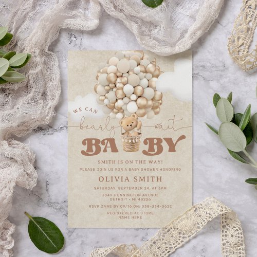 Teddy Bear Balloon Neutral Bearly Wait Baby Shower Invitation