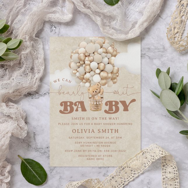 Teddy Bear Balloon Neutral Bearly Wait Baby Shower Invitation (Creator Uploaded)