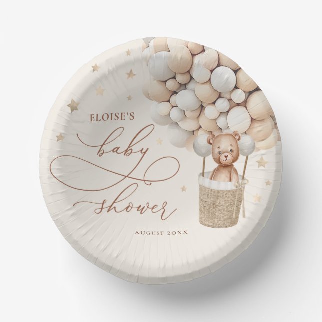 Teddy Bear Balloon Neutral Bearly Wait Baby Shower Paper Bowls (Front)