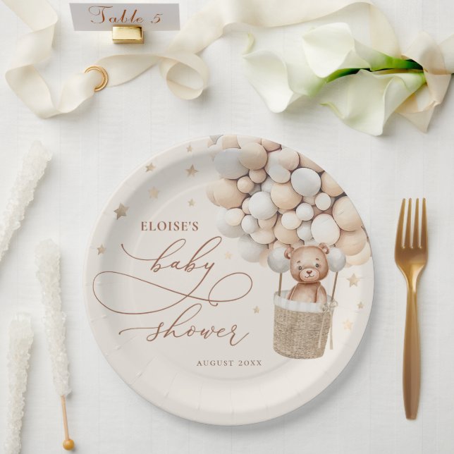 Teddy Bear Balloon Neutral Bearly Wait Baby Shower Paper Plates (Wedding)