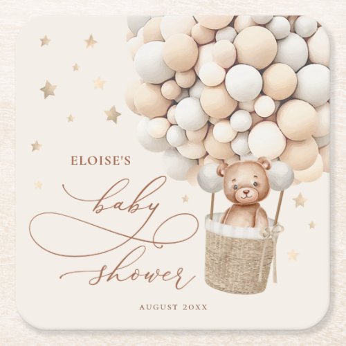 Teddy Bear Balloon Neutral Bearly Wait Baby Shower Square Paper Coaster