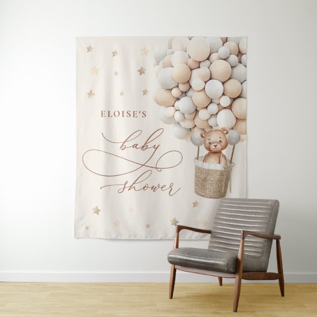 Teddy Bear Balloon Neutral Bearly Wait Baby Shower Tapestry (In Situ)